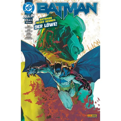 Batman #110 Comic Cover featuring Batman facing the new enemy Der Löwe in a chaotic Gotham scenario.
