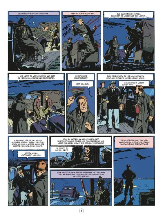 Blake und Mortimer #25: Der letzte Tigerhai Comic-Seite mit actiongeladenen Spionage-Szenen, historischer Thriller.