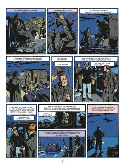 Blake und Mortimer #25: Der letzte Tigerhai Comic-Seite mit actiongeladenen Spionage-Szenen, historischer Thriller.