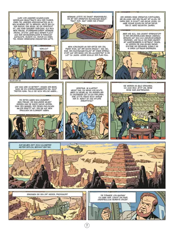 Comic-Seite aus Blake und Mortimer #25: Der letzte Tigerhai zeigt Spionage und Abenteuer im historischen Kontext.