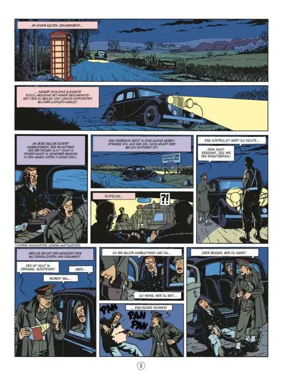 Comic-Seitenansicht von Blake und Mortimer #25: Der letzte Tigerhai mit Spionage und Action-Szenen.