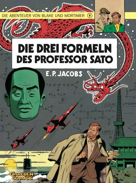 Blake und Mortimer #8: Die drei Formeln des Professor Sato Comic-Cover mit Professor Sato und Sci-Fi-Elementen.