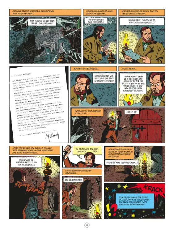 Blake und Mortimer #6: Die teuflische Falle Comic-Seite mit Abenteuern in einer geheimnisvollen Umgebung.