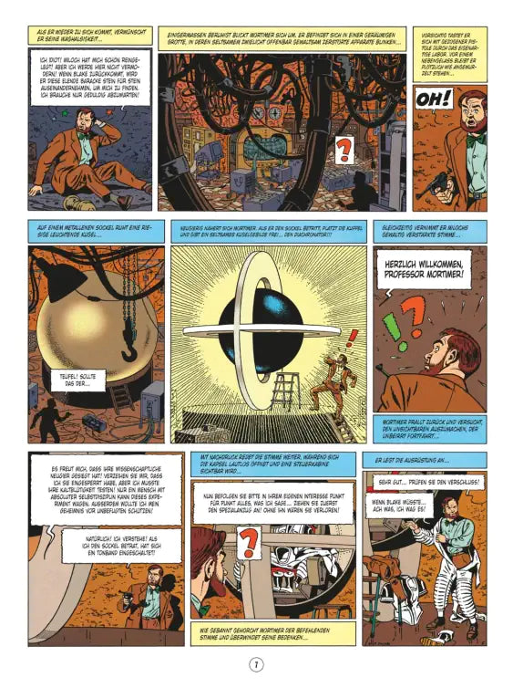 Blake und Mortimer #6: Die teuflische Falle Comic-Seite mit faszinierenden Abenteuern und Zeitreise-Elementen.