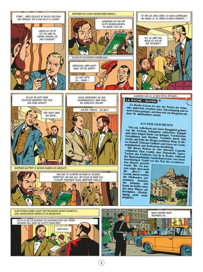 Blake und Mortimer #6: Die teuflische Falle Comic-Album Seite mit Szenen und Charakteren aus der Geschichte.