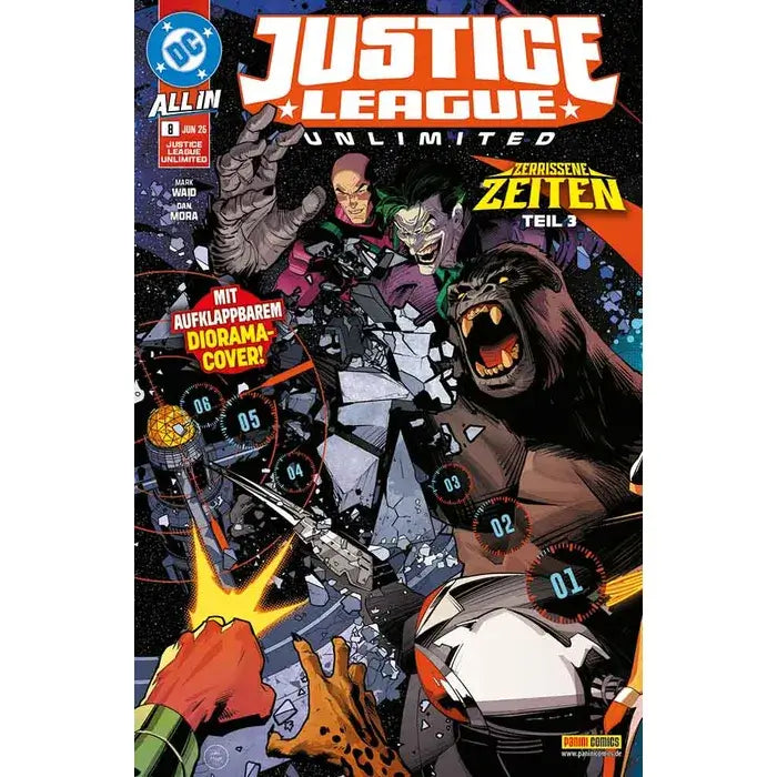 Justice League Unlimited #8 comic cover featuring heroes and villains in action from Zerrissene Zeiten Teil 3.