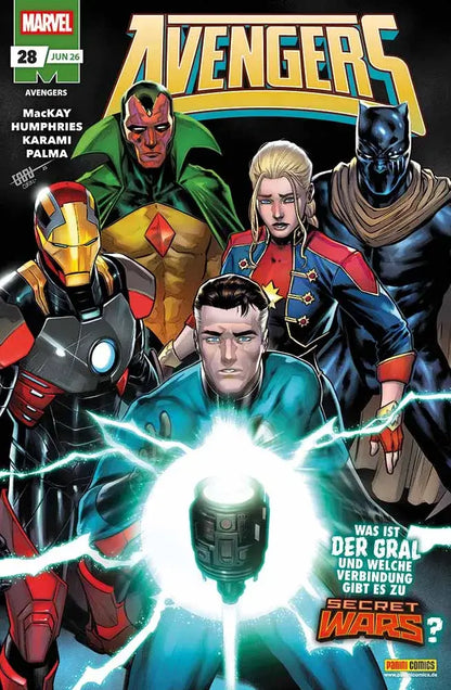 Avengers #28 Comic Cover featuring Iron Man, Vision, Captain Marvel, and Black Panther with a glowing artifact.
