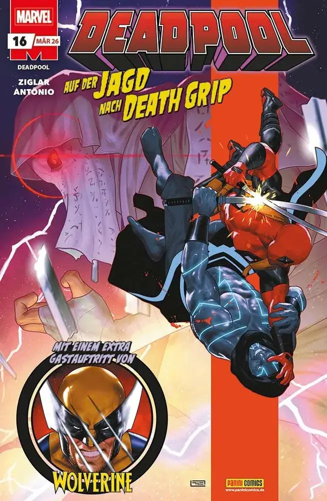 Deadpool #16 Comic Cover featuring Deadpool and Wolverine on the hunt for Death Grip, Marvel Comics.