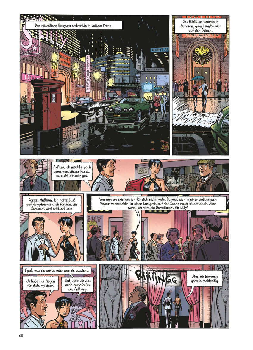 Lady Elza #3 - Lilly und der Lord Comic-Seite mit dramatischen Szenen, die Spannung und Erotik darstellen.