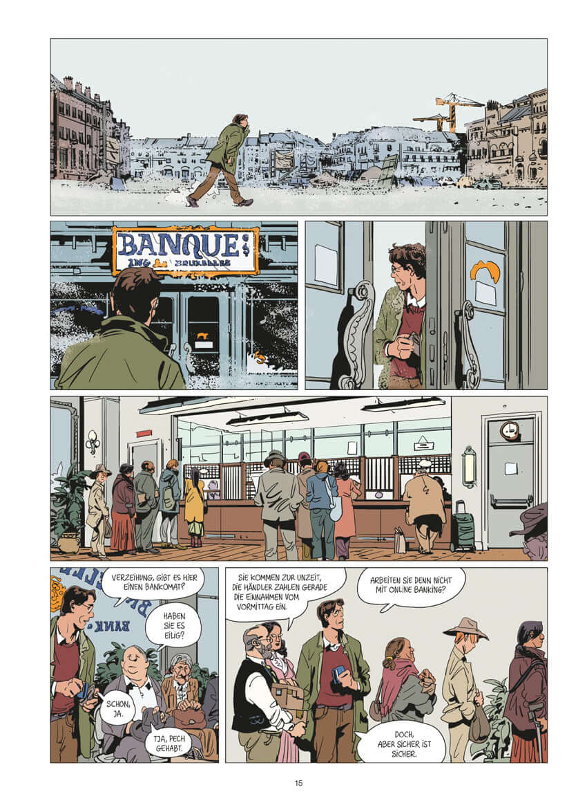 Honeymoon #3 - High Noon comic page depicting characters in various scenes inside a bank and street views.