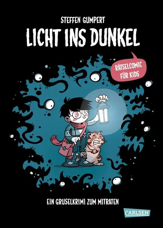 Cover des Kindercomics "Licht ins Dunkel" von Steffen Gumpert mit einem Jungen und einem Tier in einer gruseligen Umgebung.