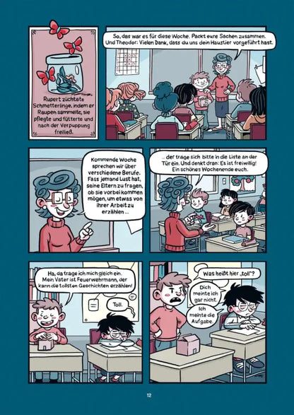 Licht ins Dunkel Kindercomic Seite mit Rupert und seiner Klasse, Denkspiel über Geister und Geheimnisse.