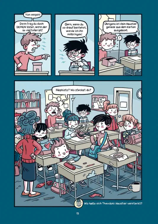 Licht ins Dunkel illustratives Comicbild mit Kindern im Klassenzimmer und rätselhaften Dialogen.