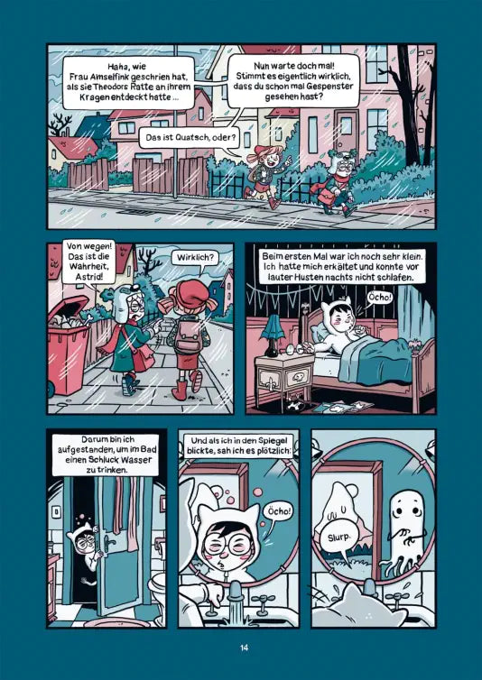 Licht ins Dunkel Kindercomic Seite mit Rupert und einem Geist, präsentiert in humorvollem Stil.