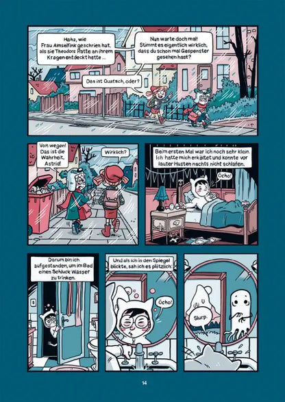 Licht ins Dunkel Kindercomic Seite mit Rupert und einem Geist, präsentiert in humorvollem Stil.