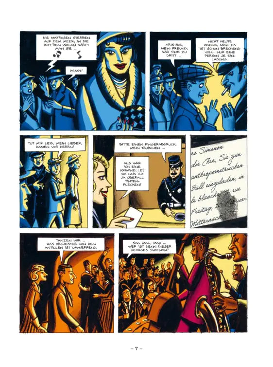 Illustration from Simenon, Warten auf Maigret graphic novel depicting Parisian nightlife and characters.