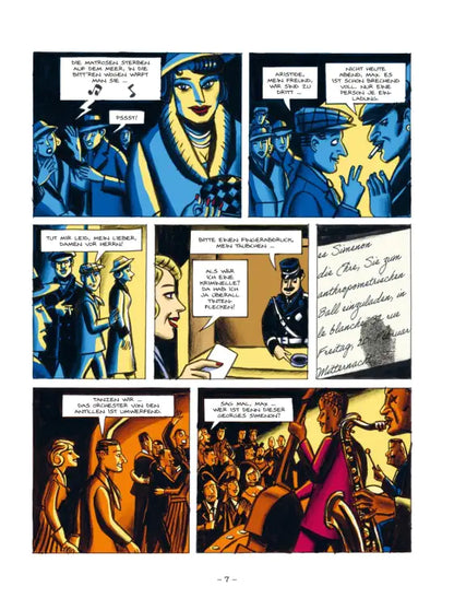 Illustration from Simenon, Warten auf Maigret graphic novel depicting Parisian nightlife and characters.