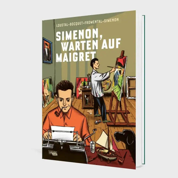 Simenon, Warten auf Maigret graphic novel cover featuring an artist at work in a vibrant studio.