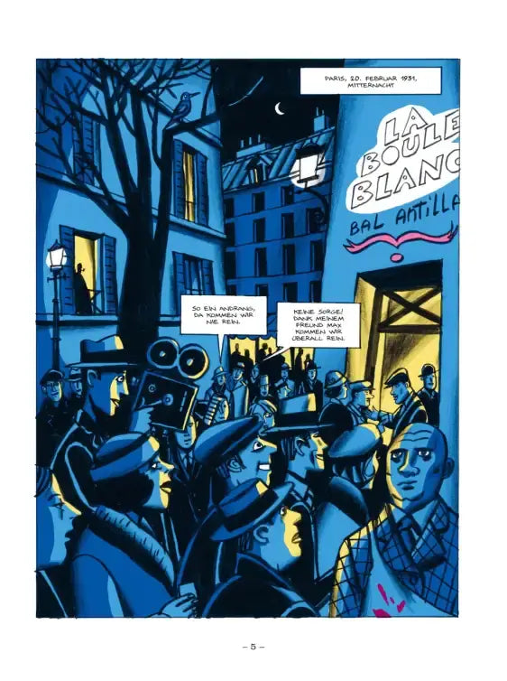 Simenon, Warten auf Maigret graphic novel illustration depicting Paris nightlife in the 1920s.