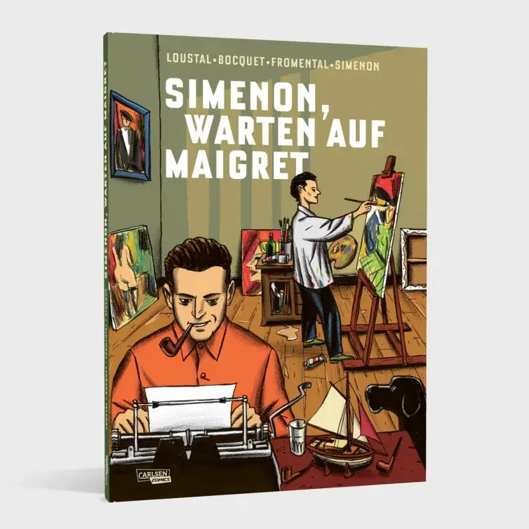 Simenon, Warten auf Maigret Graphic Novel cover featuring an artist and a writer in a vibrant artistic setting.