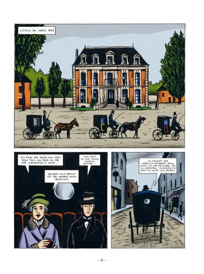 Simenon, Warten auf Maigret graphic novel illustration of a Parisian street scene with vintage carriages.