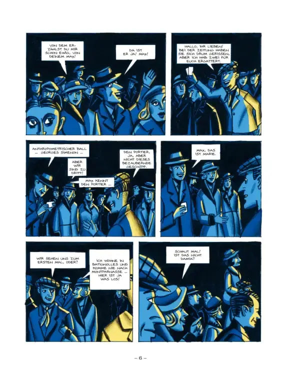 Simenon, Warten auf Maigret Graphic Novel Seite mit Charakteren in den 1920ern, die das Pariser Nachtleben darstellen.