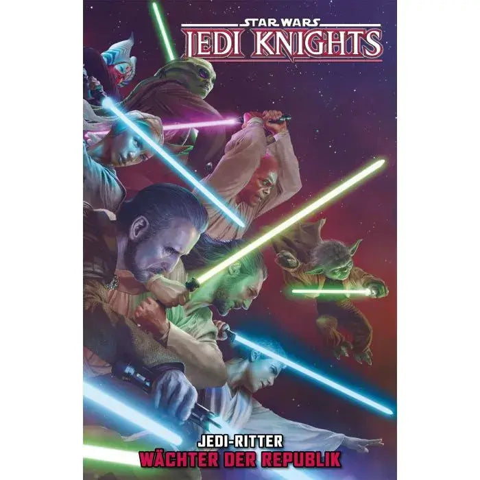 Star Wars Comics - Jedi-Ritter Cover featuring Jedi Knights with lightsabers and iconic characters like Yoda and Qui-Gon Jinn.