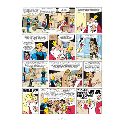Johann & Pfiffikus #3 - Räuber und Plünderer Comic Seite mit humorvollen mittelalterlichen Abenteuern.