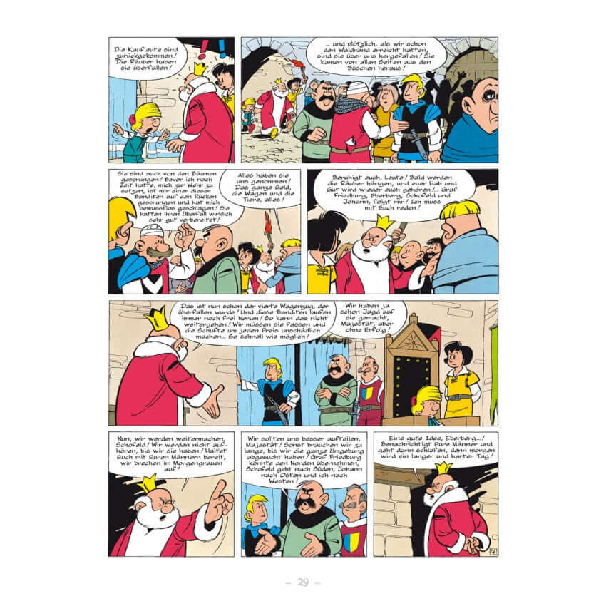 Johann & Pfiffikus #3 - Räuber und Plünderer Comic-Seite mit Charakteren in humorvoller Mittelalter-Szene.