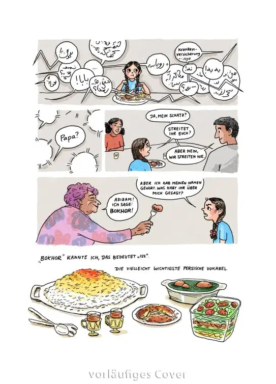 Wind in meinem Kopftuch: Comic Panel mit Familie und traditionellem persischem Essen.