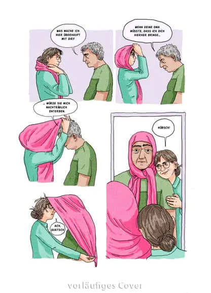 Wind in meinem Kopftuch Graphic Novel Cover mit Illustrationen über Identität und Freiheit.