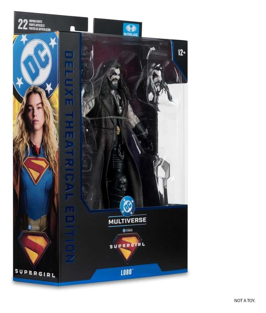 Supergirl (2026) DC Theatrical Deluxe Edition Actionfigur Lobo 19 cm packaging display with action figure and branding.