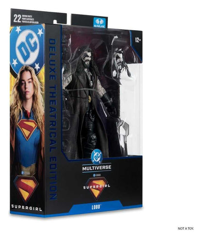 Supergirl (2026) DC Theatrical Deluxe Edition Actionfigur Lobo 19 cm packaging display with action figure and branding.