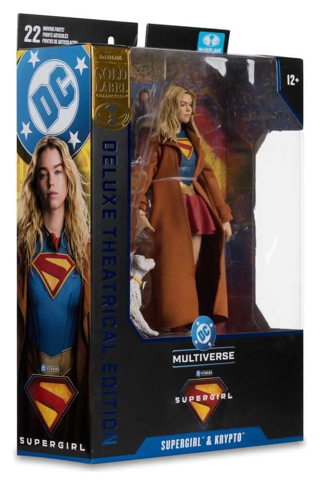 Supergirl (2026) DC Theatrical Deluxe Edition Actionfigur Supergirl & Krypto (Gold Label) 17 cm packaging image.